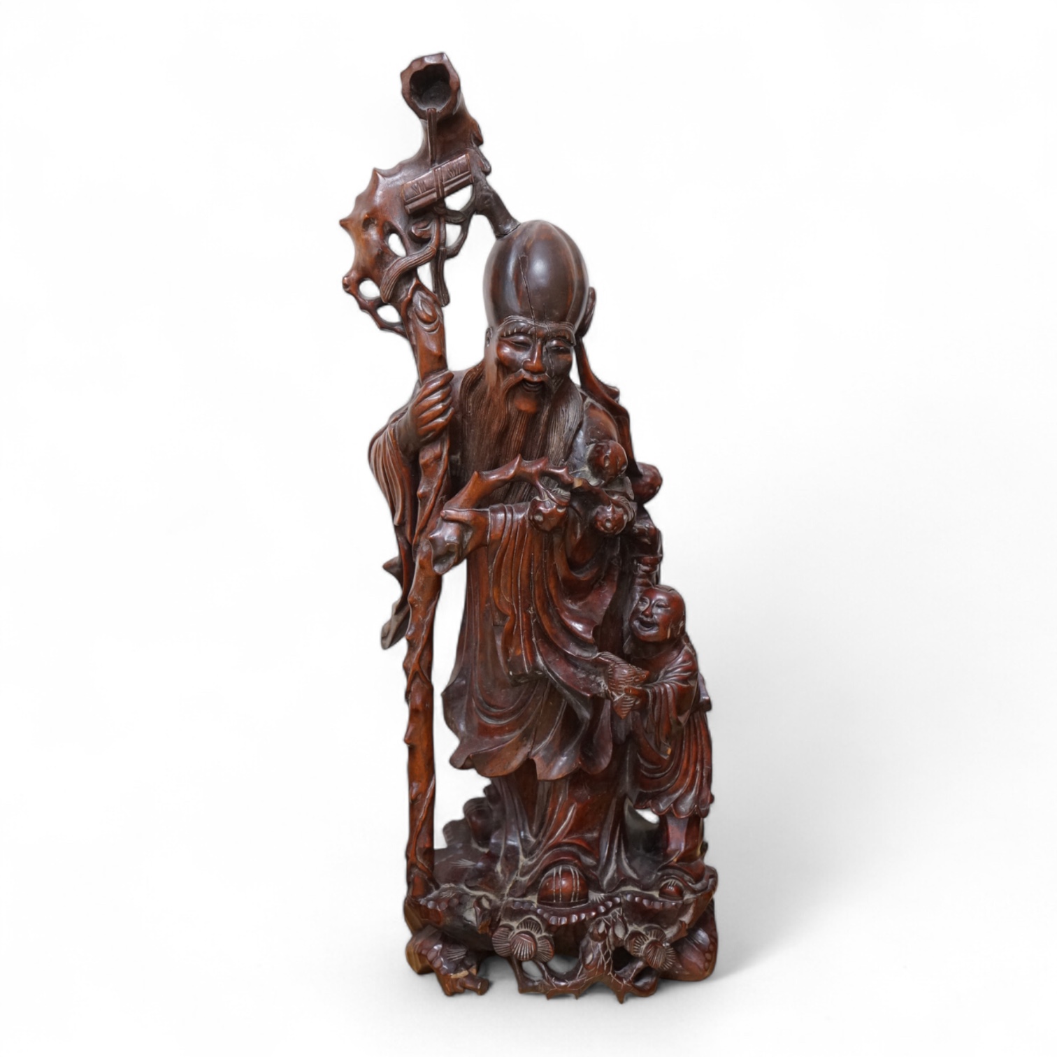 A large Chinese carved wood figure of Shouloau, 51cm high. Condition - some cracks to the wood